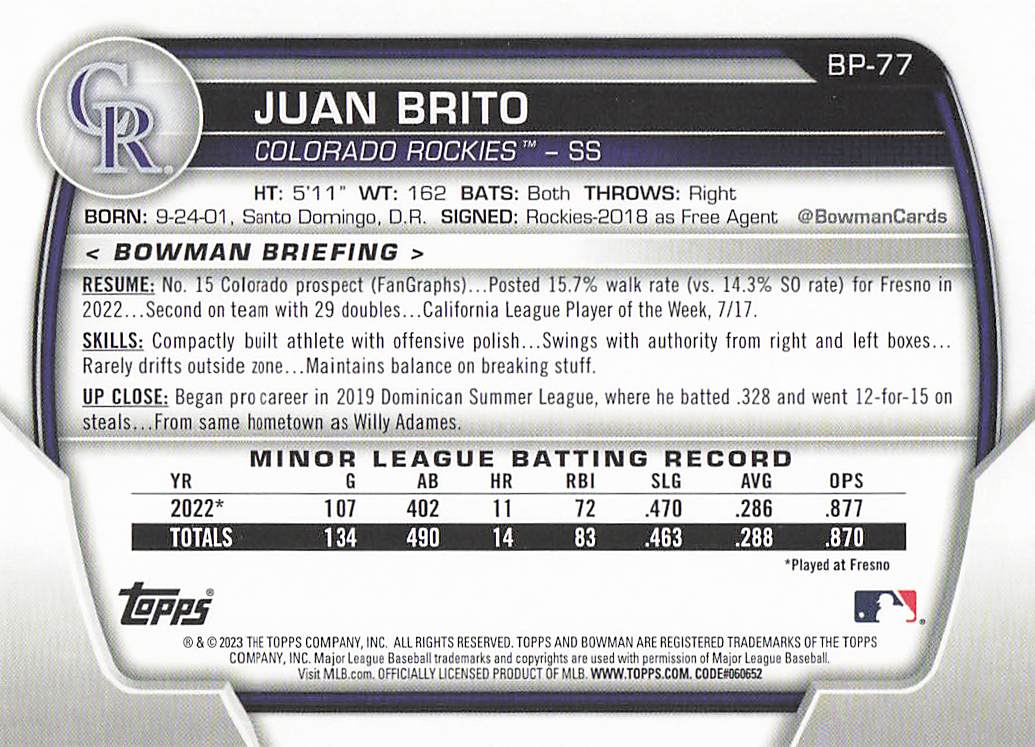 2023 Bowman Baseball Prospects Juan Brito #BP-77