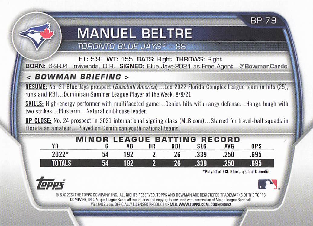 2023 Bowman 1st Edition Baseball Manuel Beltre #BPPF-79