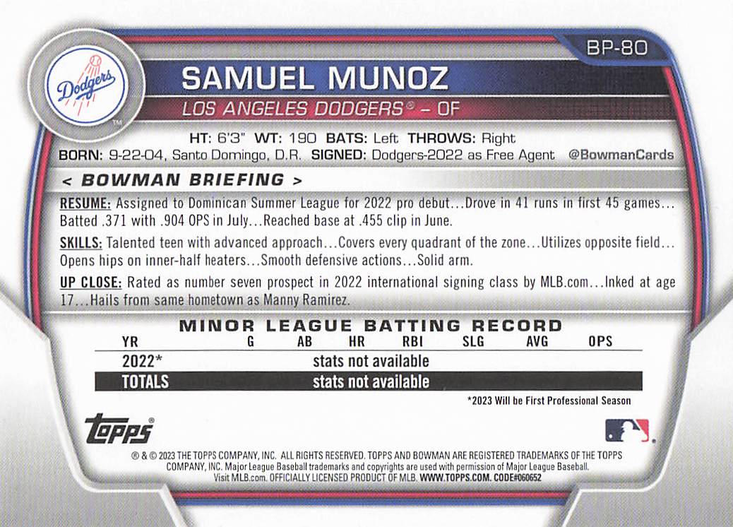 2023 Bowman 1st Edition Baseball Samuel Munoz #BPPF-80