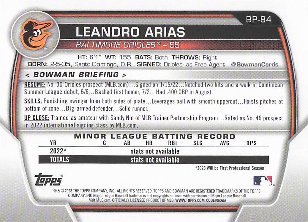 2023 Bowman 1st Edition Baseball Leandro Arias #BPPF-84