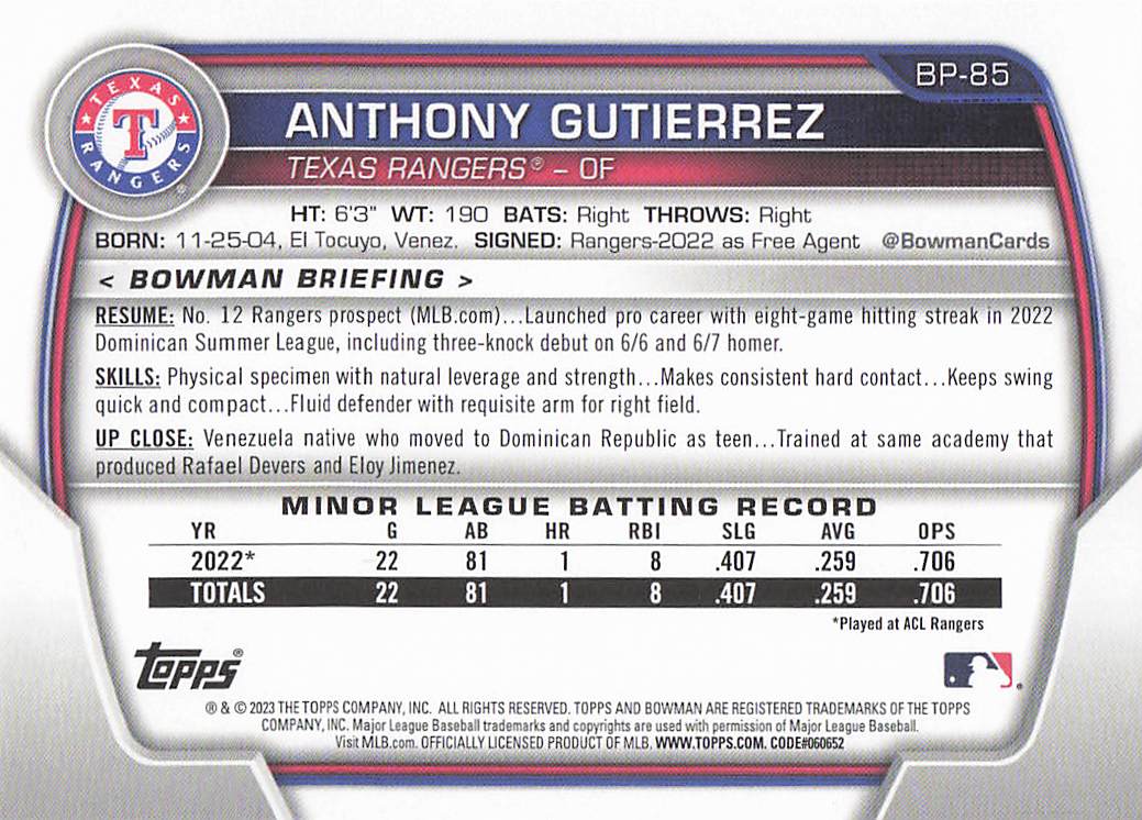 2023 Bowman 1st Edition Baseball Anthony Gutierrez #BPPF-85