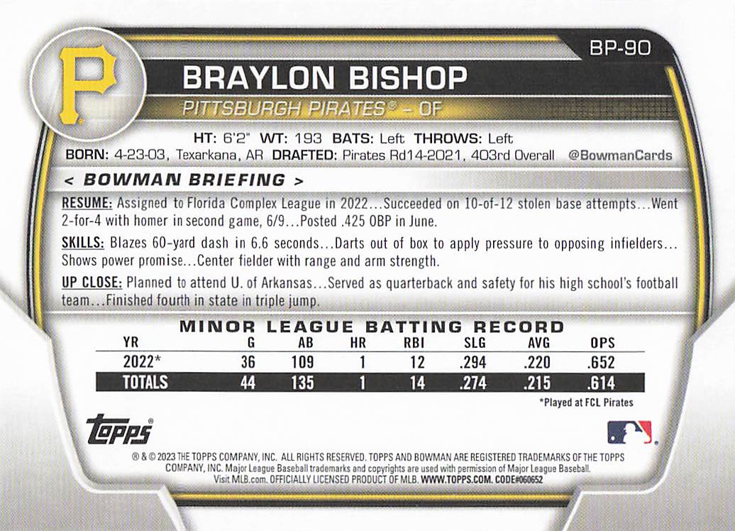 2023 Bowman 1st Edition Baseball Braylon Bishop #BPPF-90