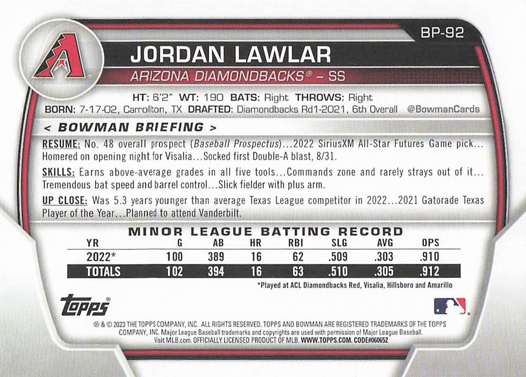 2023 Bowman 1st Edition Baseball Jordan Lawlar #BPPF-92