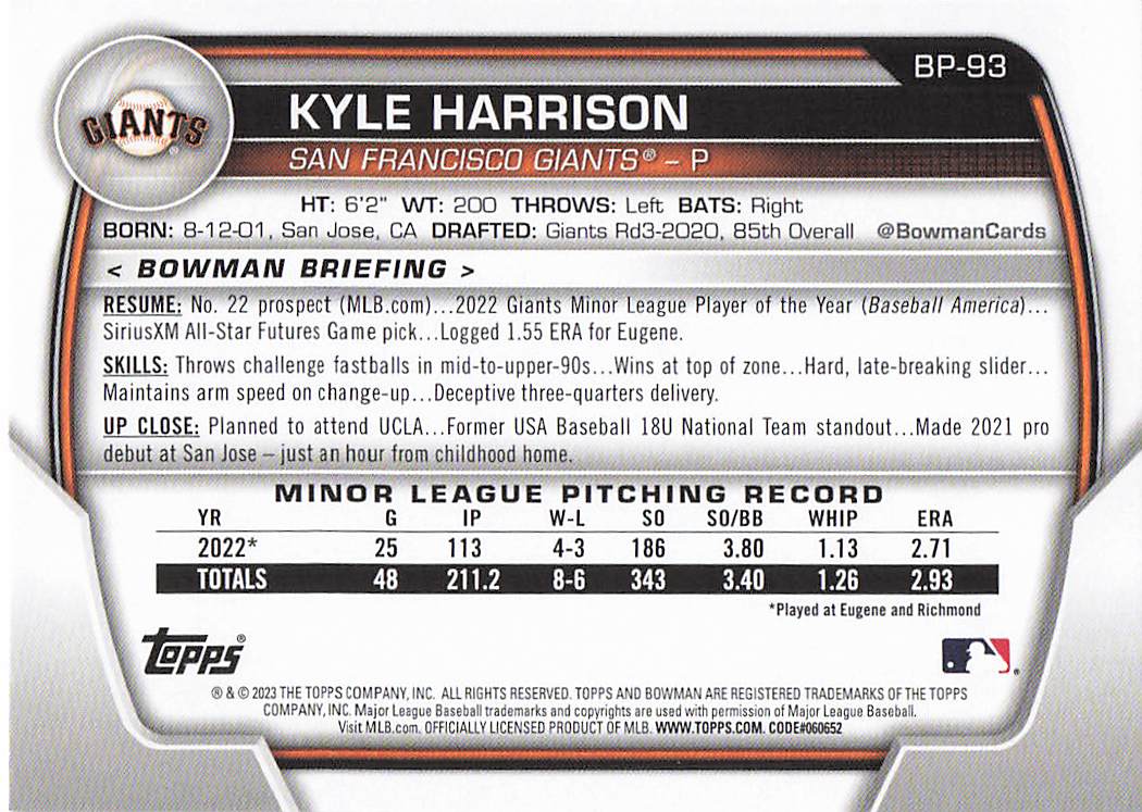 2023 Bowman 1st Edition Baseball Kyle Harrison #BPPF-93