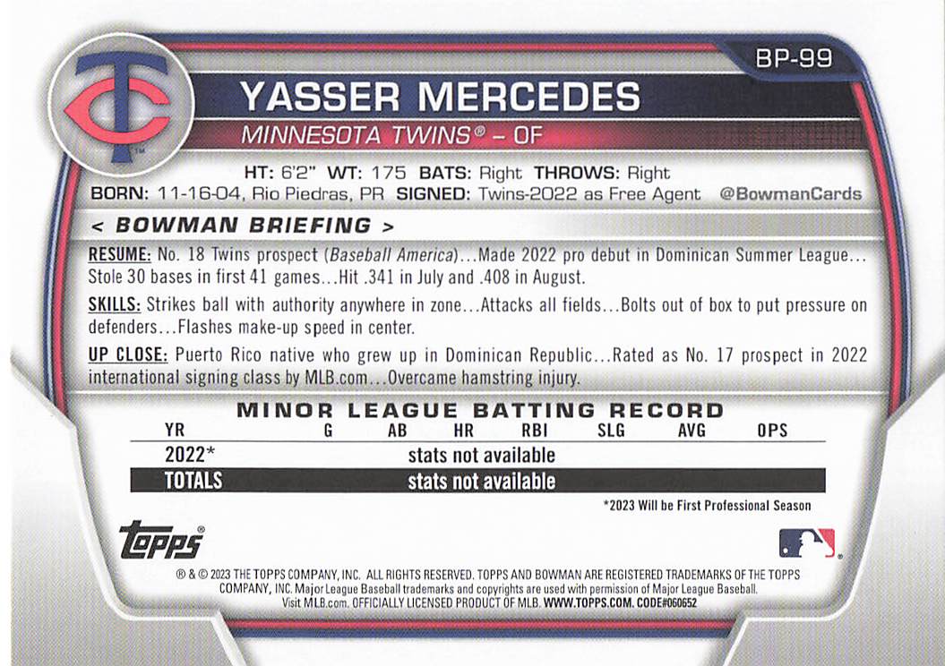 2023 Bowman 1st Edition Baseball Yasser Mercedes #BPPF-99