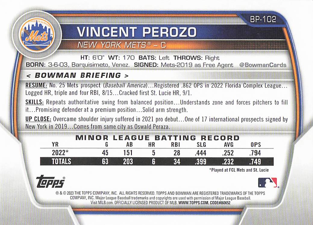2023 Bowman 1st Edition Baseball Vincent Perozo #BPPF-102
