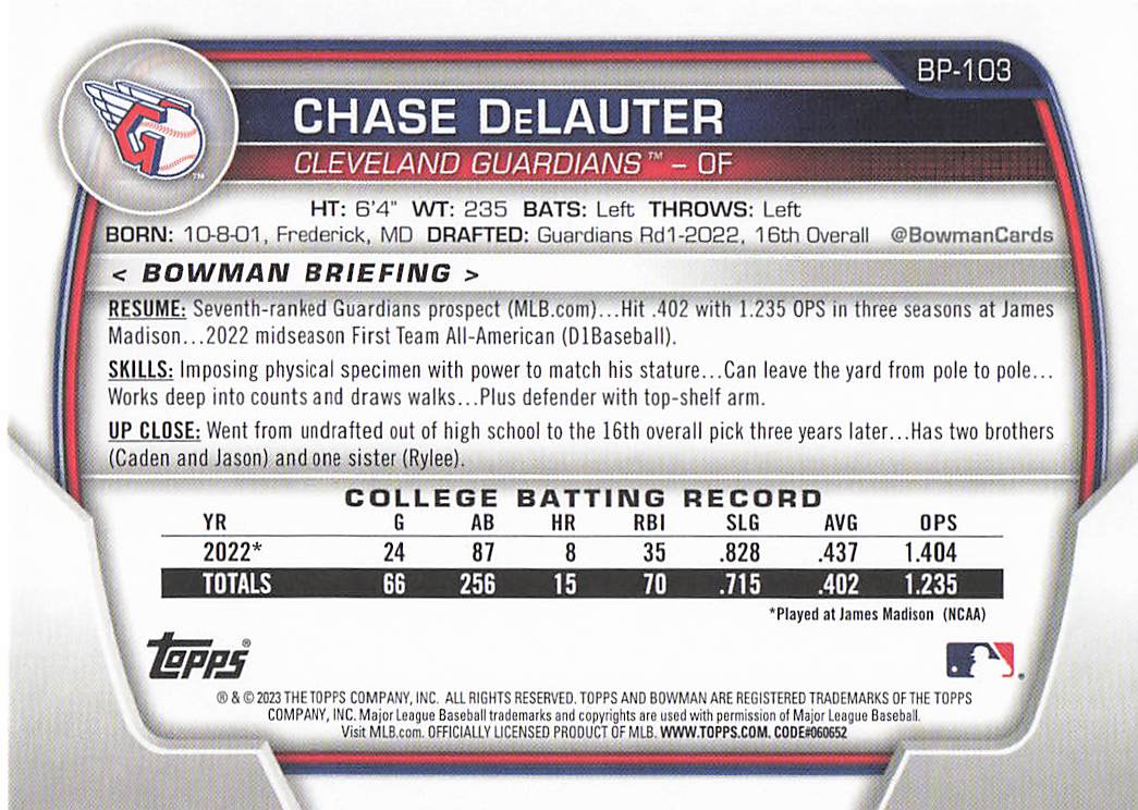 2023 Bowman 1st Edition Baseball Chase DeLauter #BPPF-103
