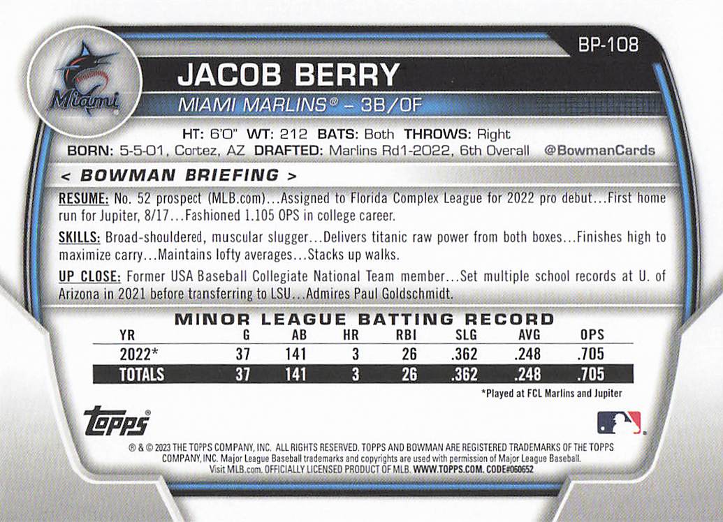 2023 Bowman 1st Edition Baseball Jacob Berry #BPPF-108