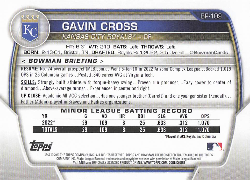 2023 Bowman 1st Edition Baseball Gavin Cross #BPPF-109