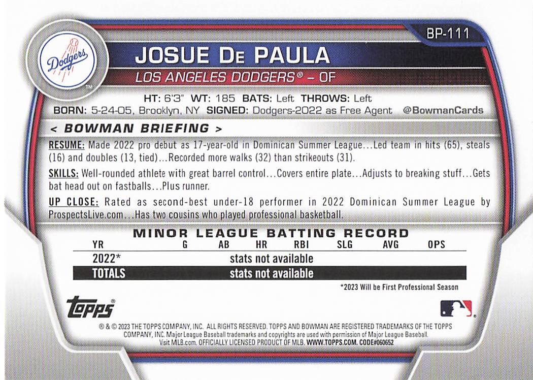 2023 Bowman 1st Edition Baseball Josue De Paula #BPPF-111