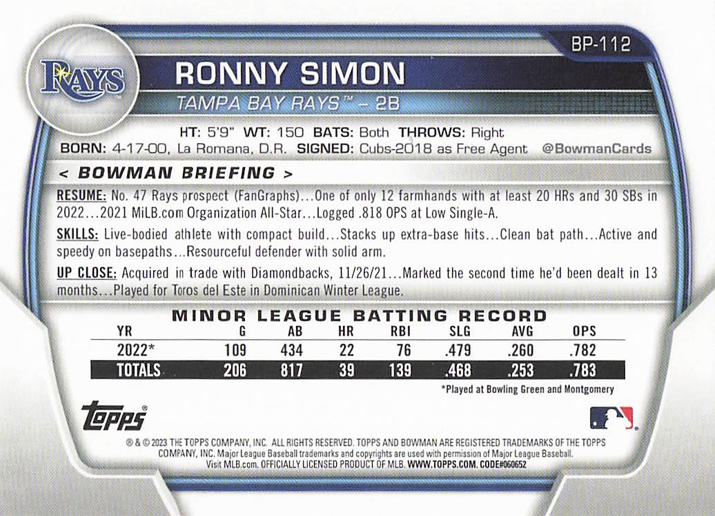2023 Bowman 1st Edition Baseball Ronny Simon #BPPF-112