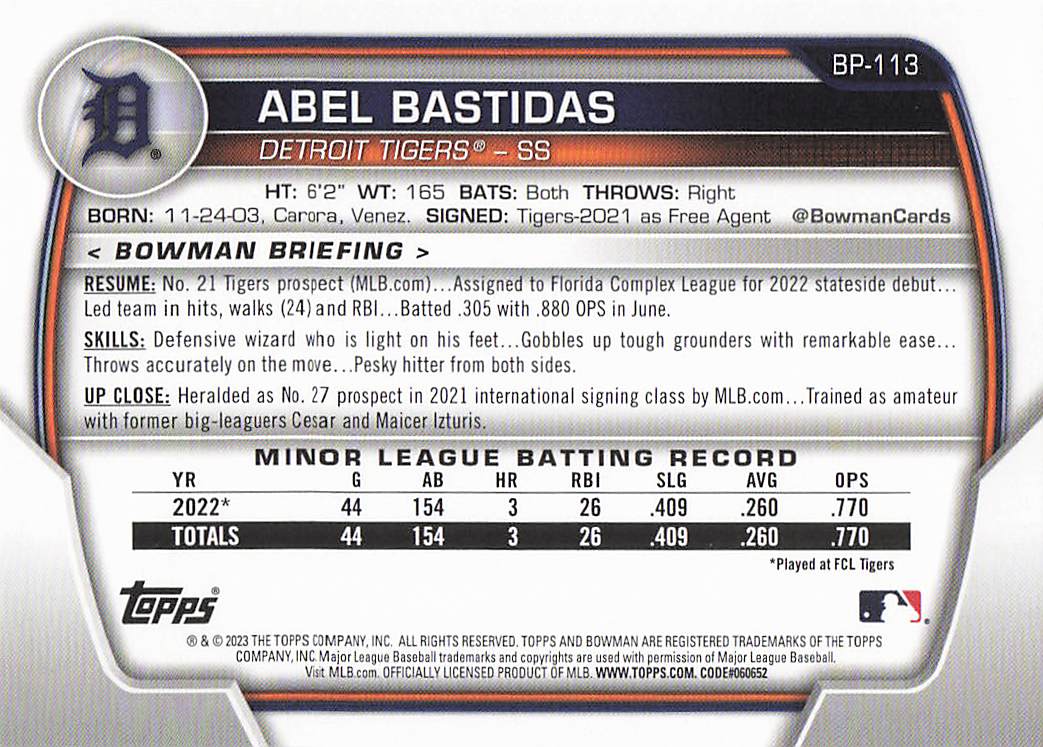 2023 Bowman 1st Edition Baseball Abel Bastidas #BPPF-113