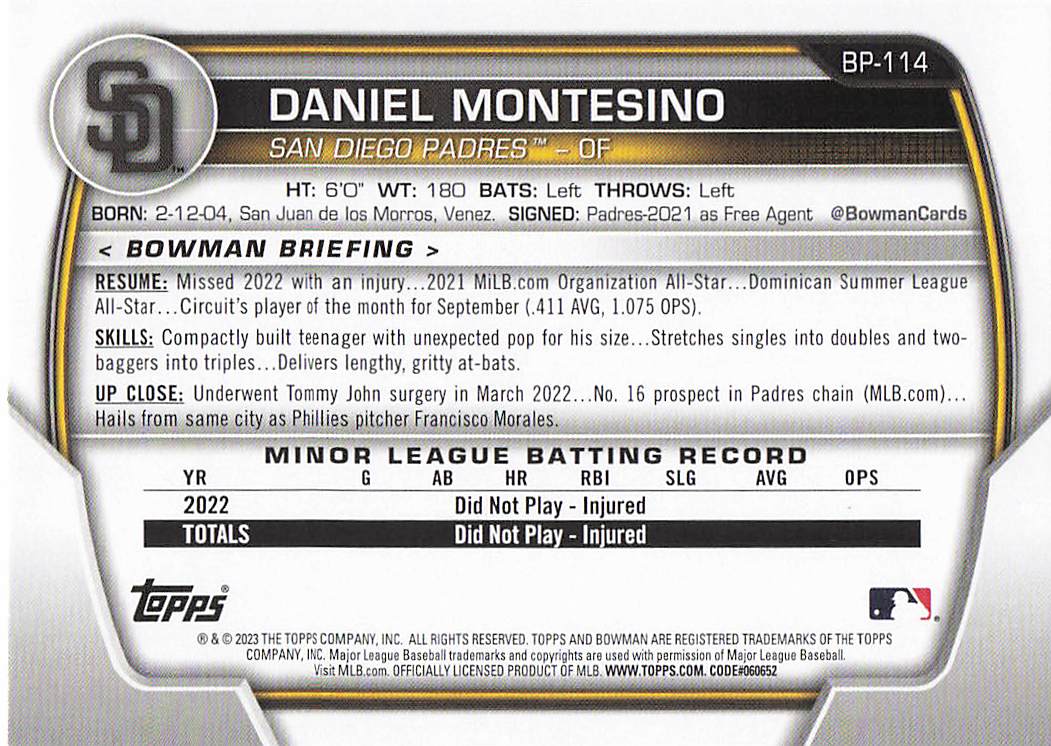 2023 Bowman 1st Edition Baseball Daniel Montesino #BPPF-114