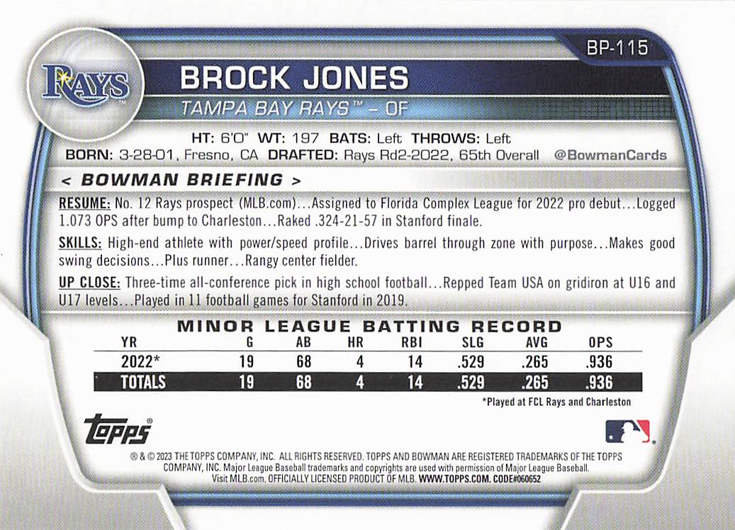 2023 Bowman 1st Edition Baseball Brock Jones #BPPF-115