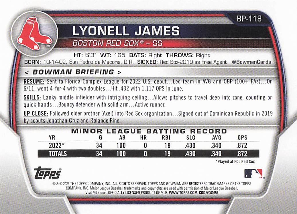 2023 Bowman 1st Edition Baseball Lyonell James #BPPF-118