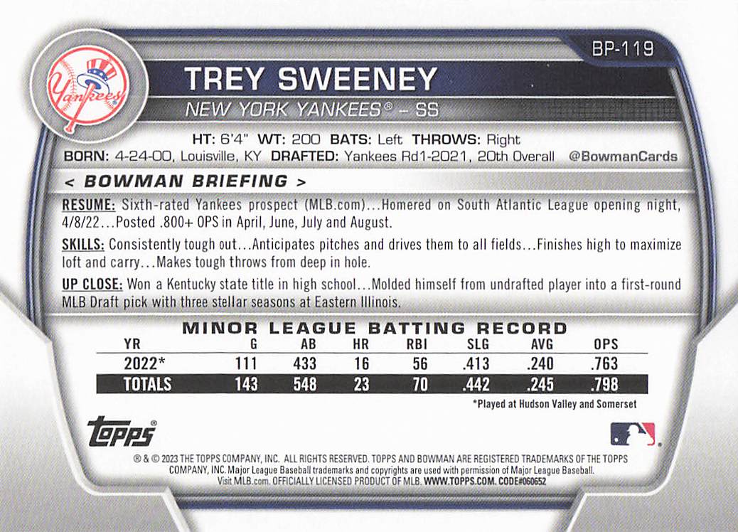 2023 Bowman 1st Edition Baseball Trey Sweeney #BPPF-119