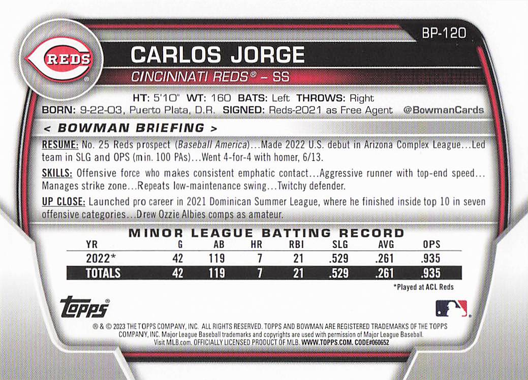 2023 Bowman 1st Edition Baseball Carlos Jorge #BPPF-120