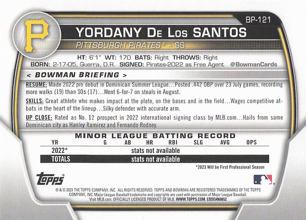 2023 Bowman Baseball Prospects Yordany De Los Santos #BP-121