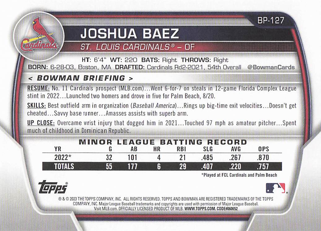2023 Bowman 1st Edition Baseball Joshua Baez #BPPF-127