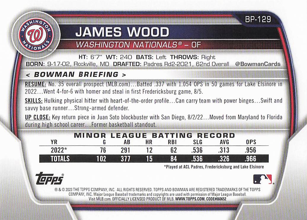 2023 Bowman 1st Edition Baseball James Wood #BPPF-129