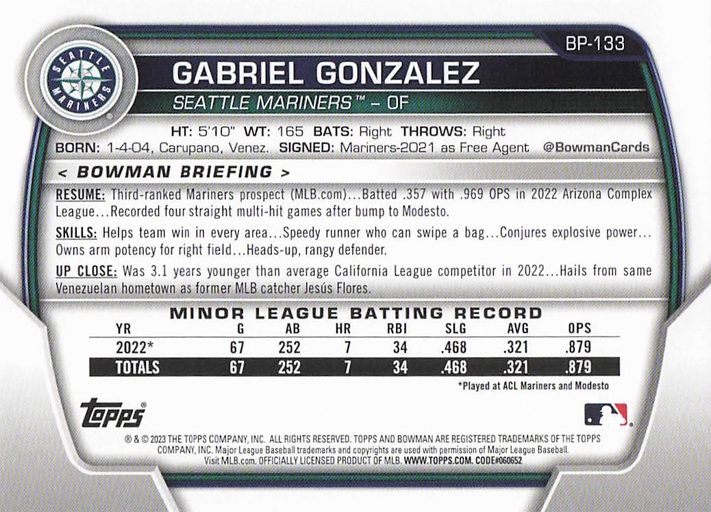 2023 Bowman 1st Edition Baseball Gabriel Gonzalez #BPPF-133