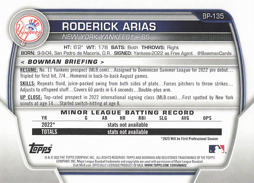 2023 Bowman 1st Edition Baseball Roderick Arias #BPPF-135