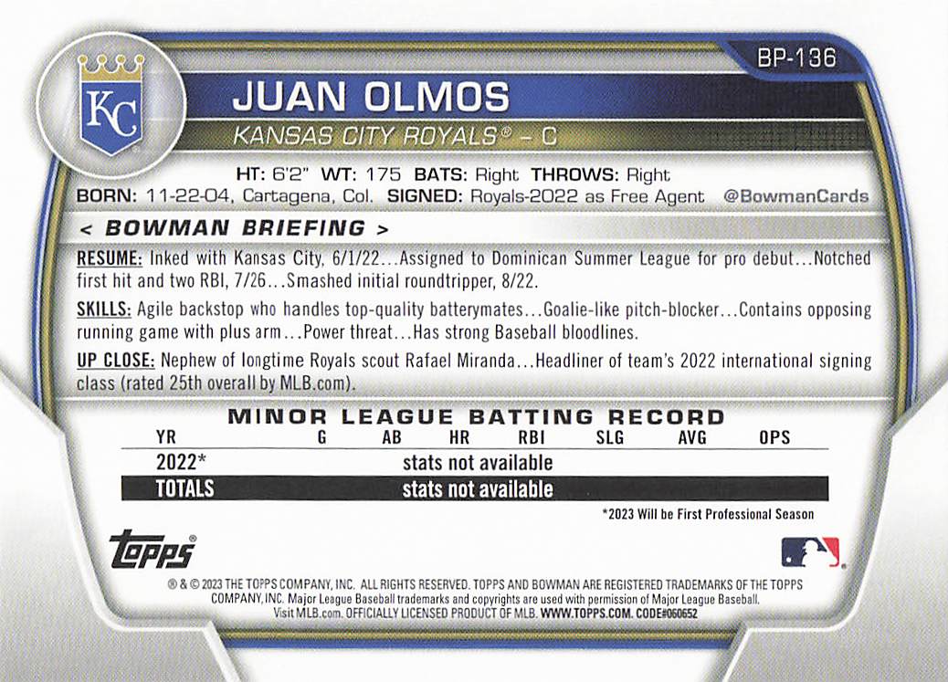 2023 Bowman 1st Edition Baseball Juan Olmos #BPPF-136