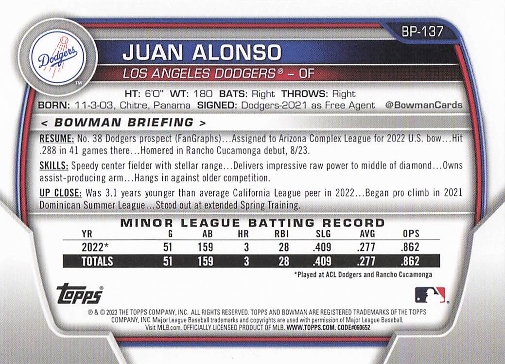 2023 Bowman 1st Edition Baseball Juan Alonso #BPPF-137