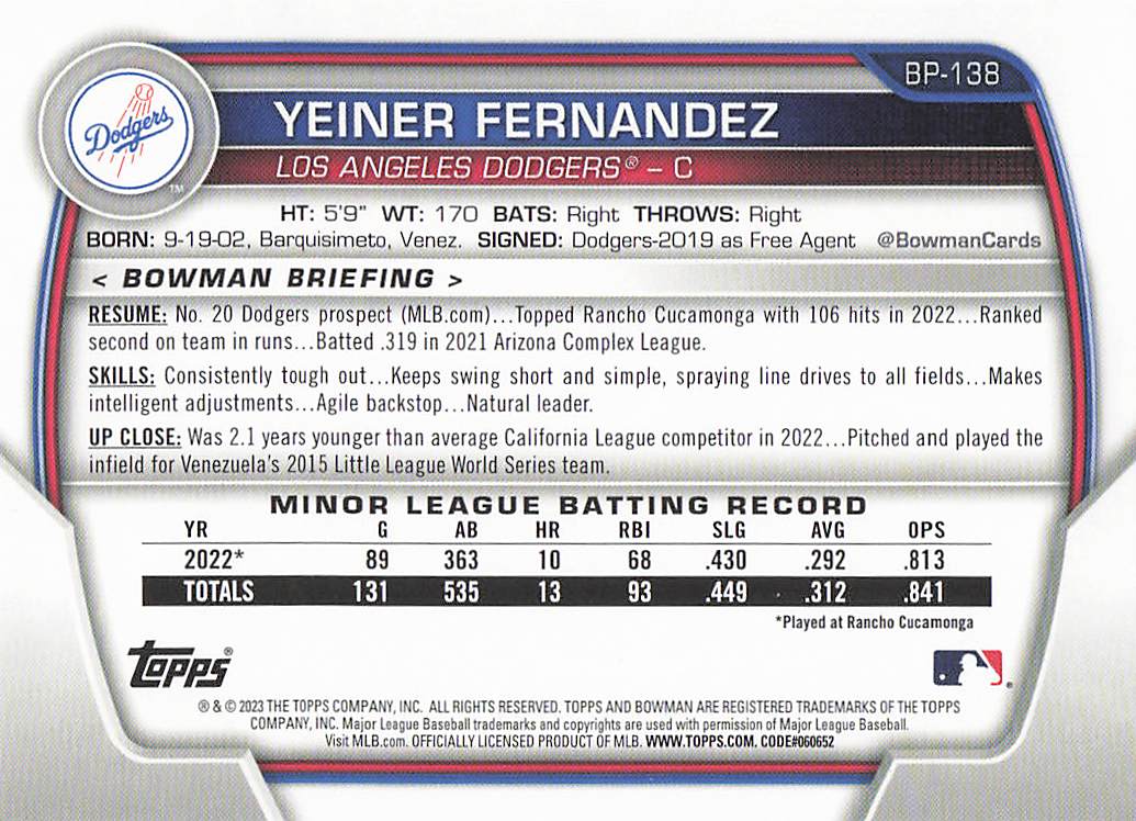 2023 Bowman 1st Edition Baseball Yeiner Fernandez #BPPF-138