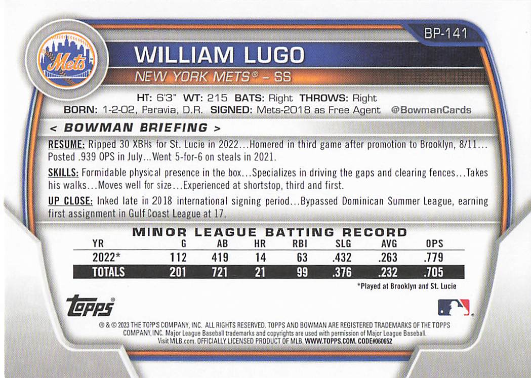 2023 Bowman 1st Edition Baseball William Lugo #BPPF-141