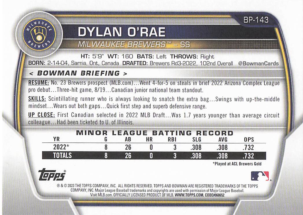 2023 Bowman 1st Edition Baseball Dylan O'Rae #BPPF-143
