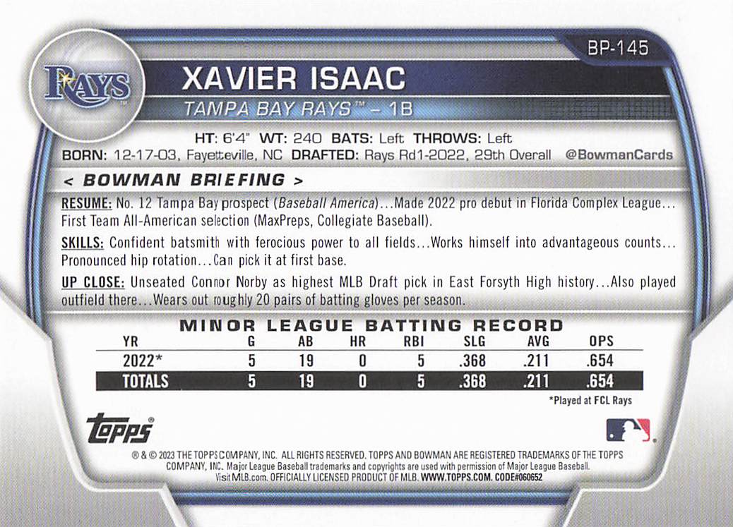 2023 Bowman 1st Edition Baseball Xavier Isaac #BPPF-145