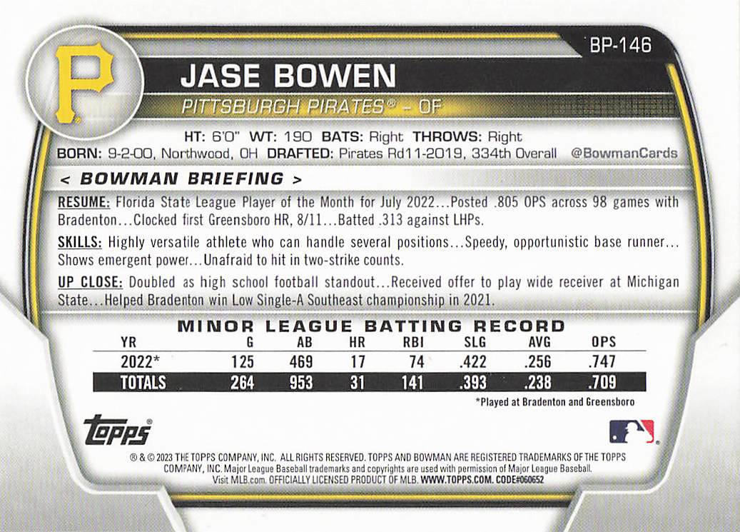 2023 Bowman 1st Edition Baseball Jase Bowen #BPPF-146