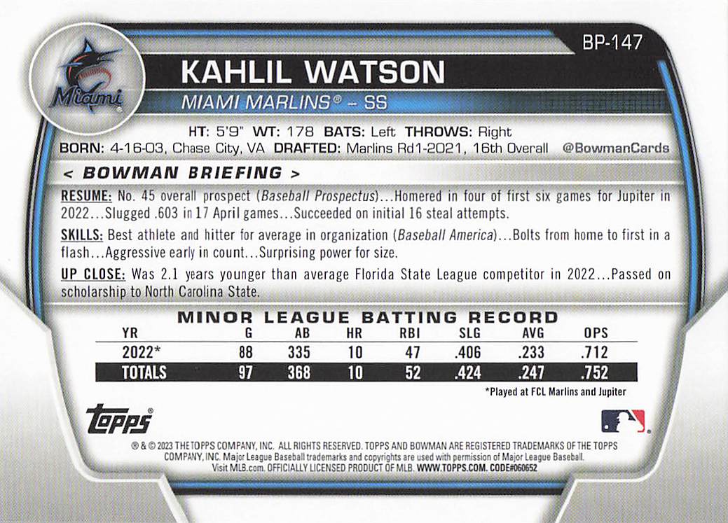 2023 Bowman 1st Edition Baseball Kahlil Watson #BPPF-147