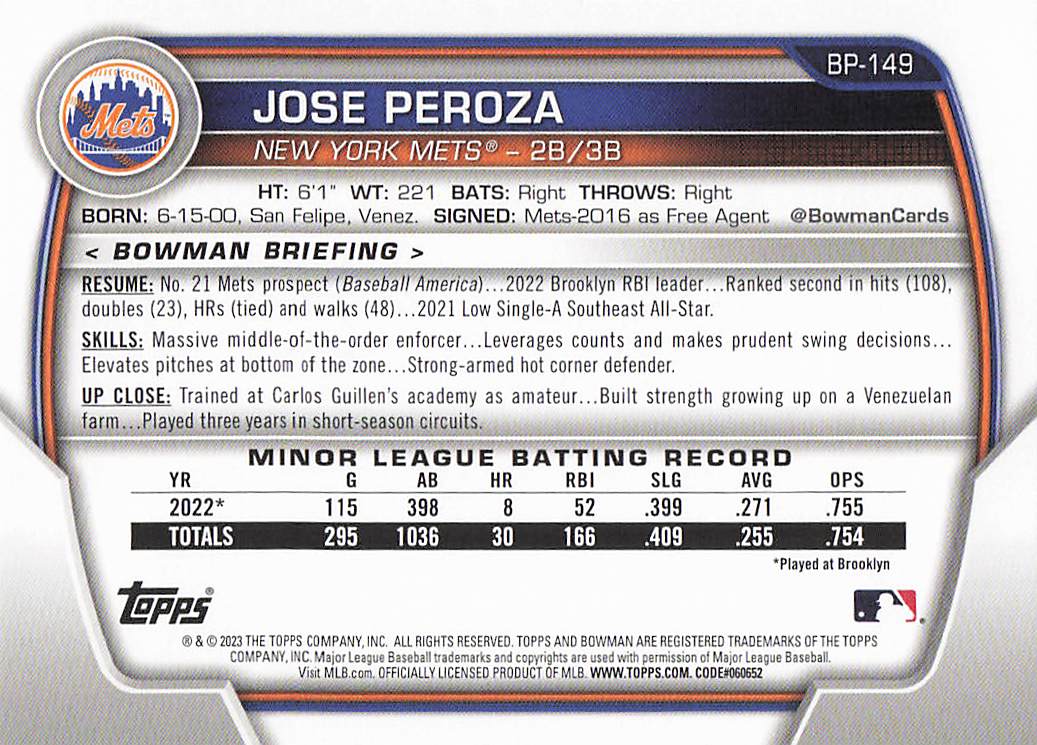 2023 Bowman 1st Edition Baseball José Peroza #BPPF-149