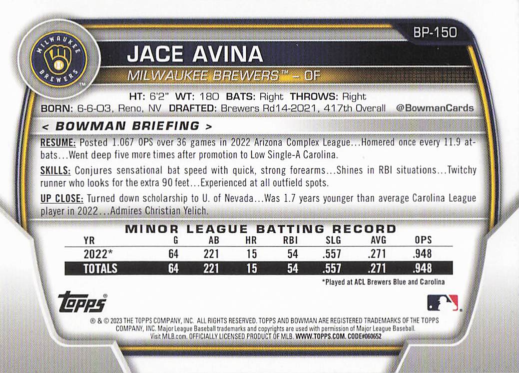 2023 Bowman 1st Edition Baseball Jace Avina #BPPF-150