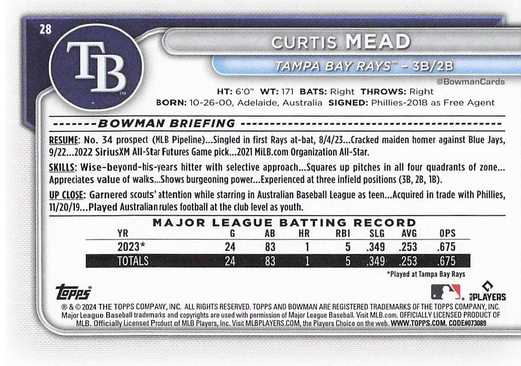 2024 Bowman Baseball Curtis Mead #28