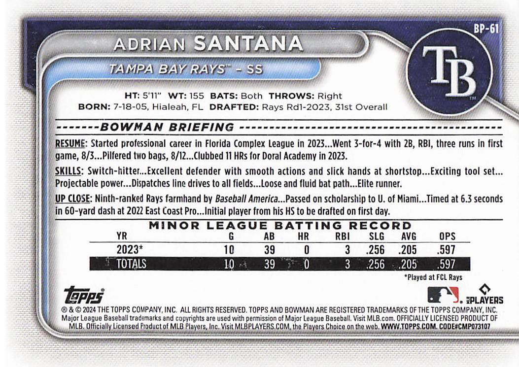2024 Bowman Baseball Adrian Santana #BCP-61