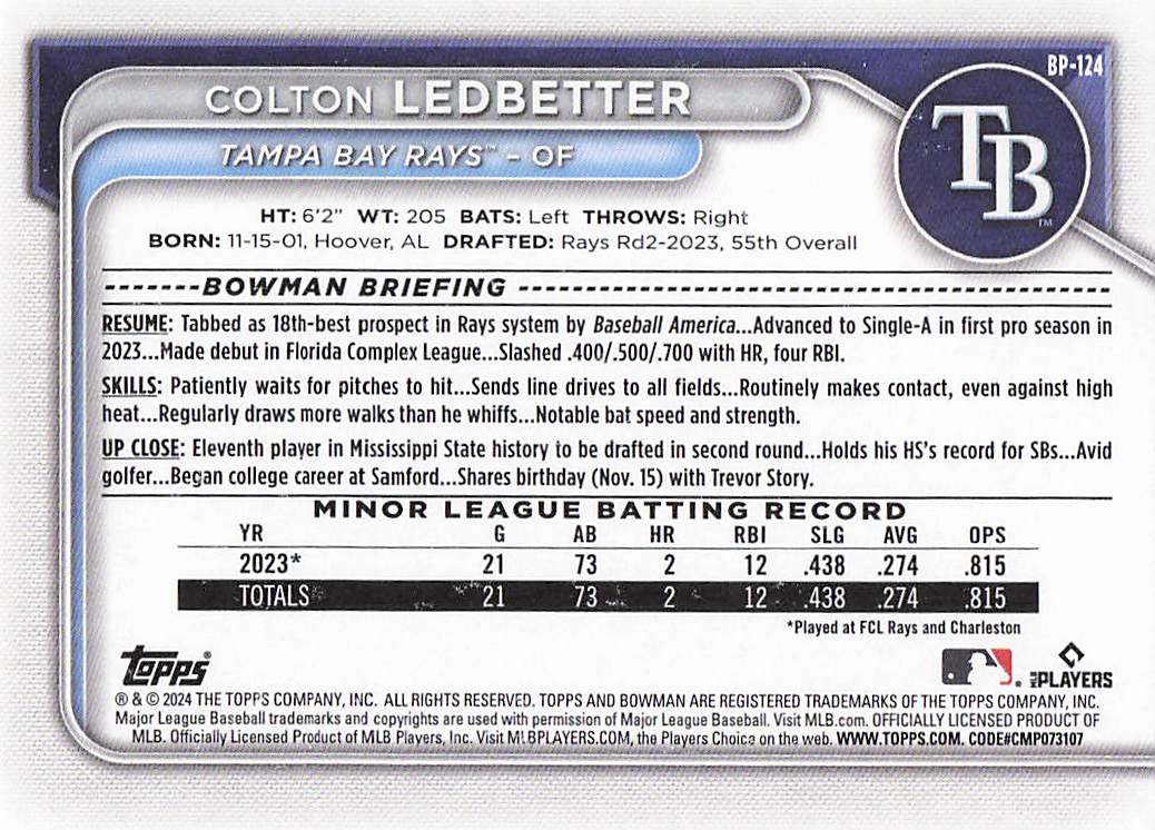 2024 Bowman Baseball Prospects Colton Ledbetter #BP-124