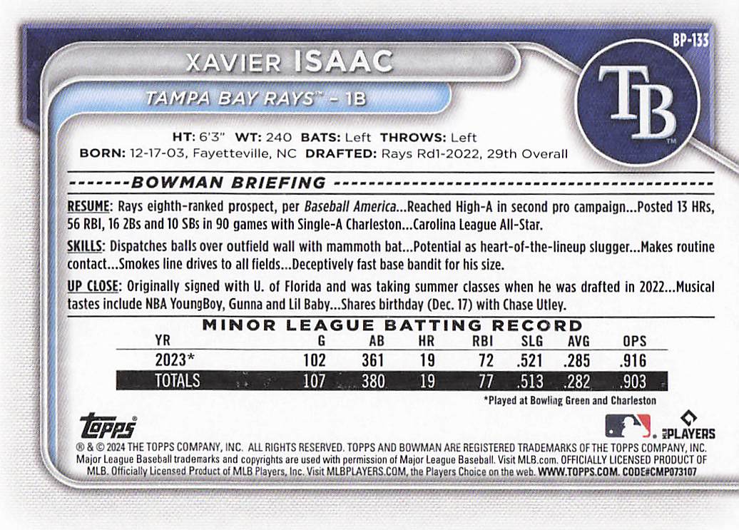 2024 Bowman Baseball Xavier Isaac #BP-133