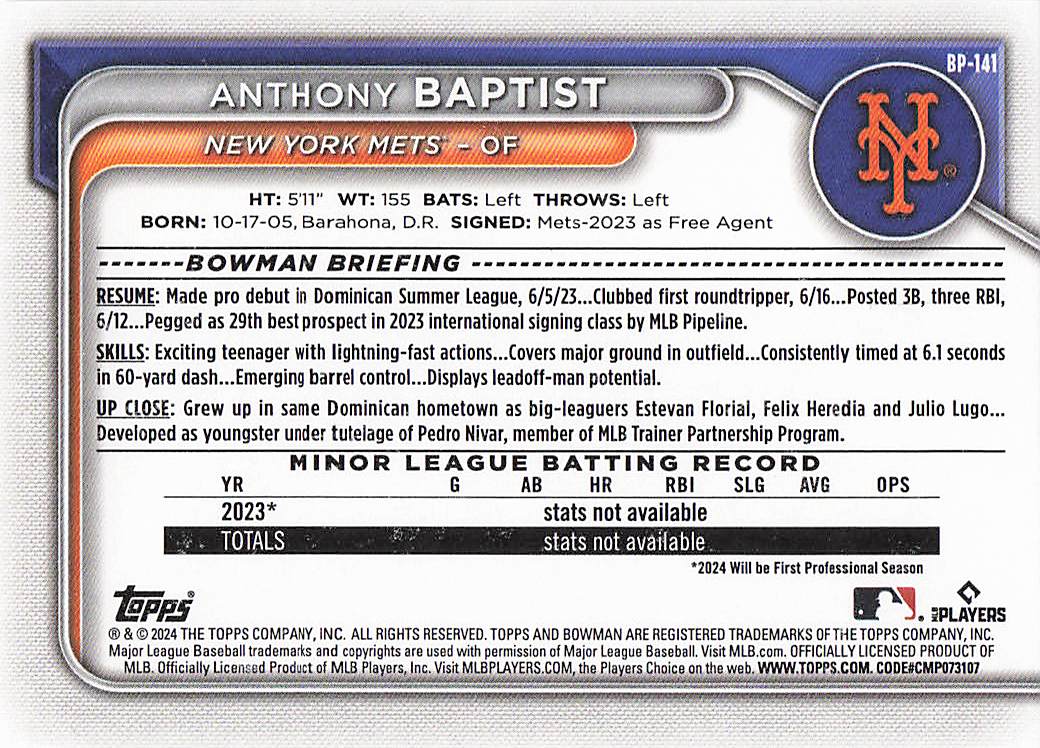 2024 Bowman Baseball Prospects Anthony Baptist #BP-141
