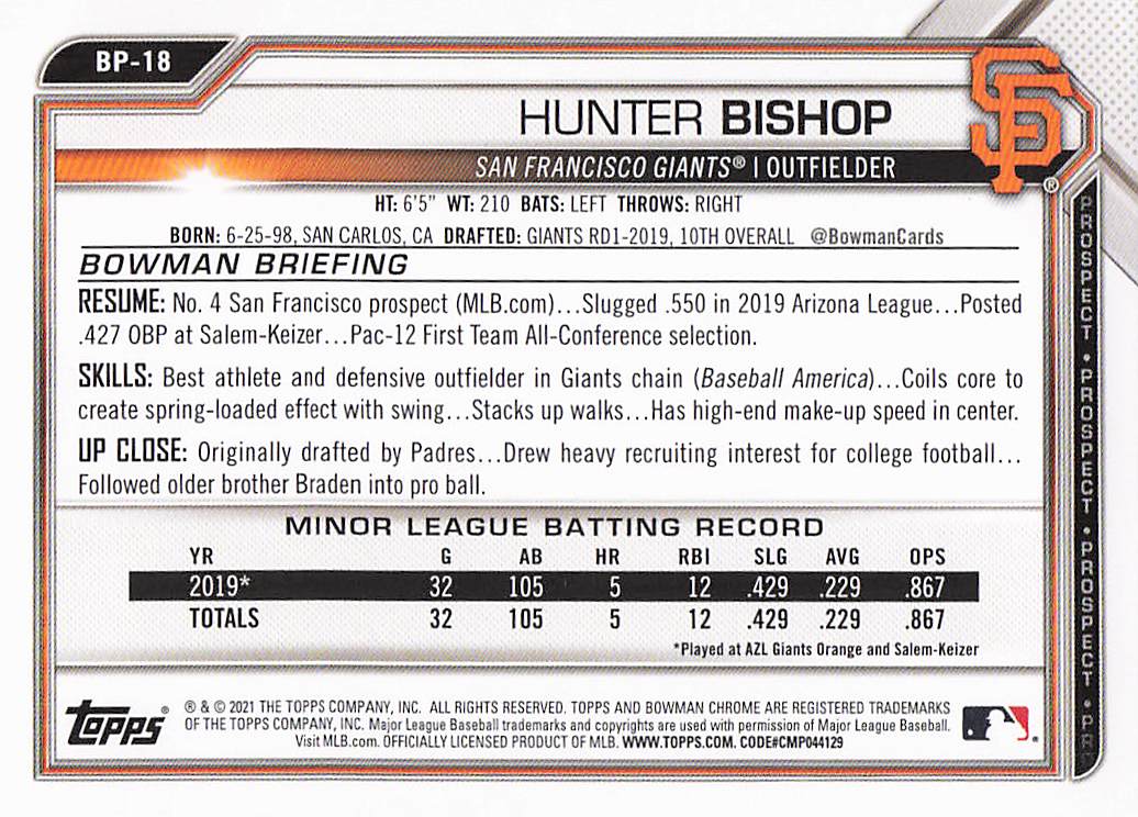 2021 Bowman Baseball Prospects Hunter Bishop #BP-18
