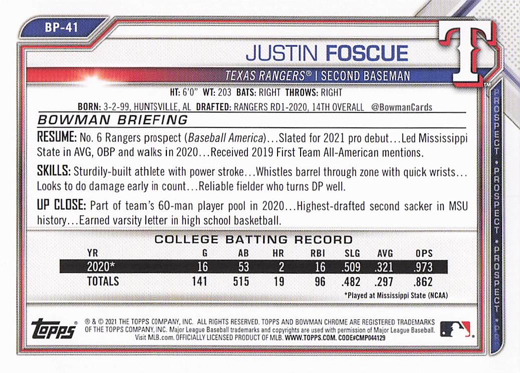 2021 Bowman Baseball Justin Foscue #BCP-41