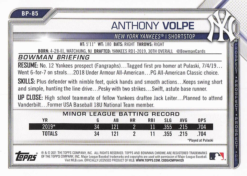2021 Bowman Baseball Prospects Anthony Volpe #BP-85