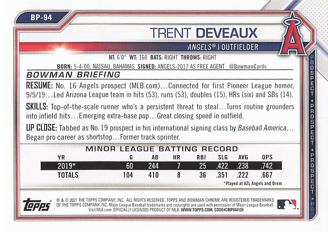 2021 Bowman Baseball Trent Deveaux #BP-94