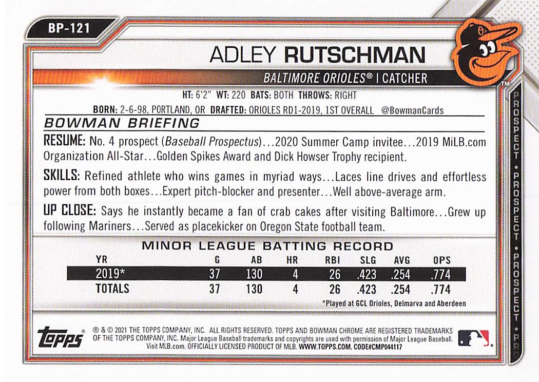 2021 Bowman Baseball Prospects Adley Rutschman #BP-121
