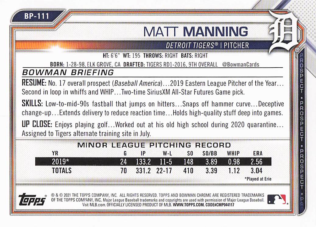 2021 Bowman Baseball Prospects Camo Matt Manning #BP-111