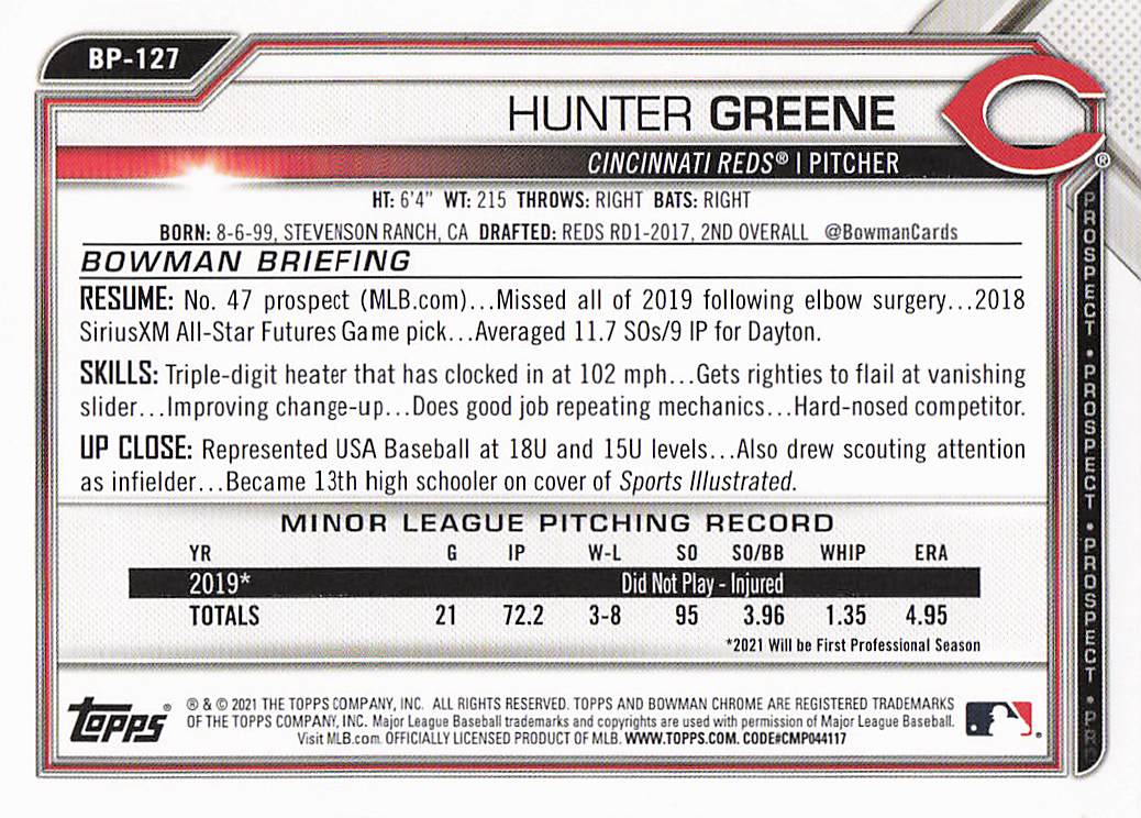 2021 Bowman Baseball Prospects Camo Hunter Greene #BP-127