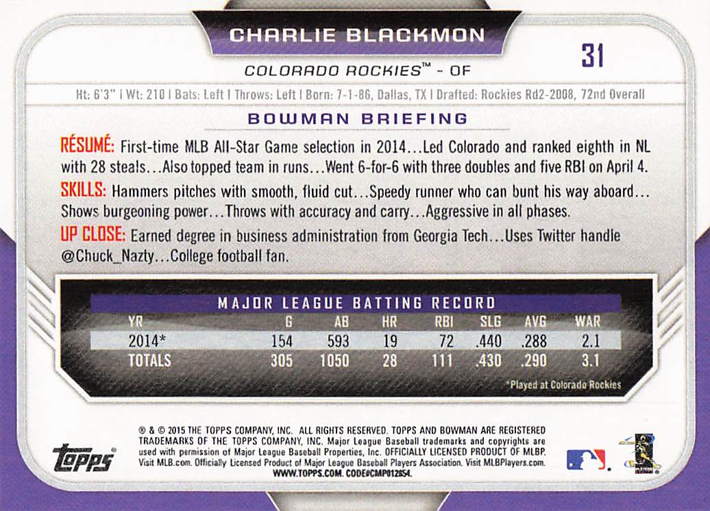 2015 Bowman Baseball Charlie Blackmon #31