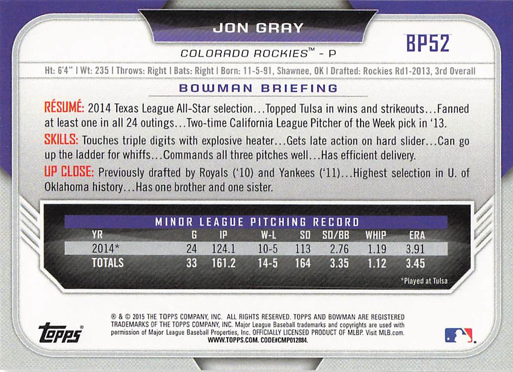 2015 Bowman Baseball Jon Gray #BP52